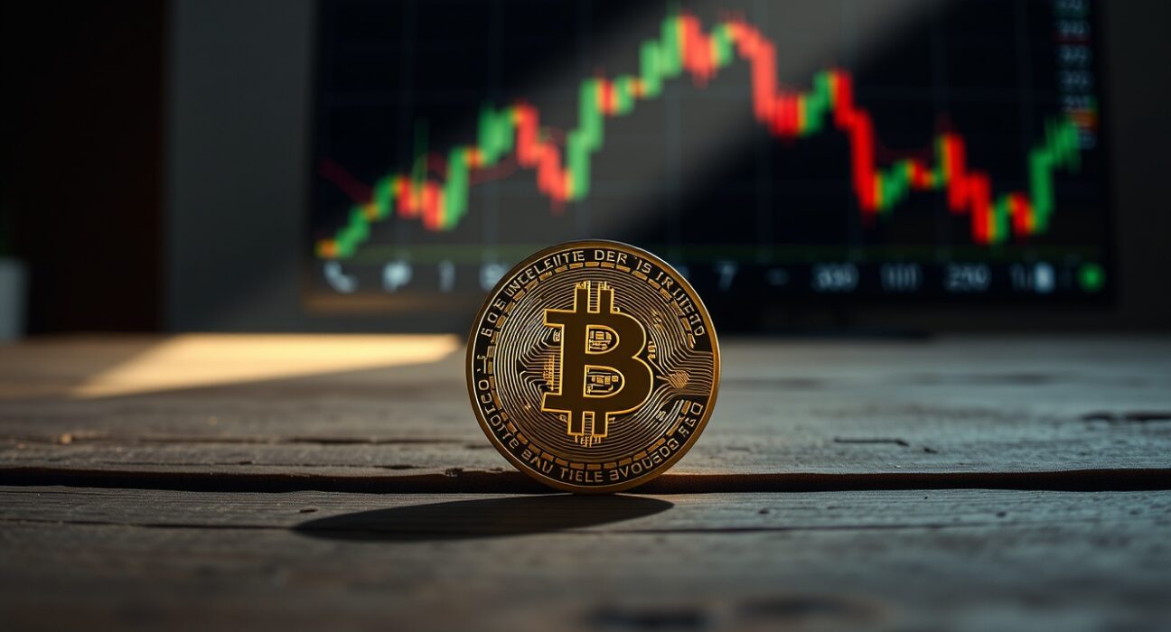 Bitcoin coin on wooden surface with blurred stock chart background representing market cycle analysis
