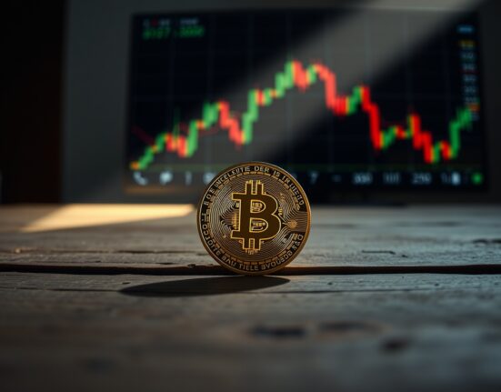 Bitcoin coin on wooden surface with blurred stock chart background representing market cycle analysis