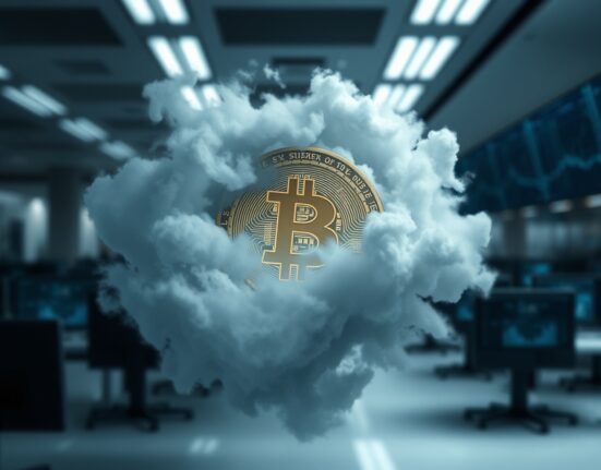 Bitcoin coin surrounded by uncertainty representing current market analysis and investor hesitation.