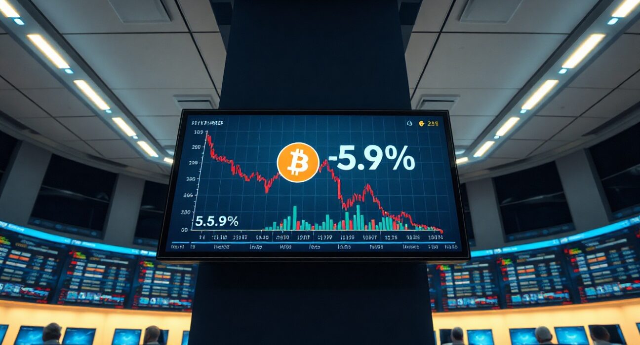 Bitcoin price chart on a trading floor display showing a -5.9% NAV discount
