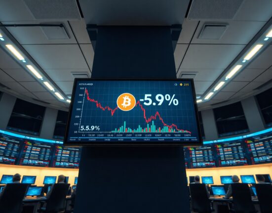 Bitcoin price chart on a trading floor display showing a -5.9% NAV discount