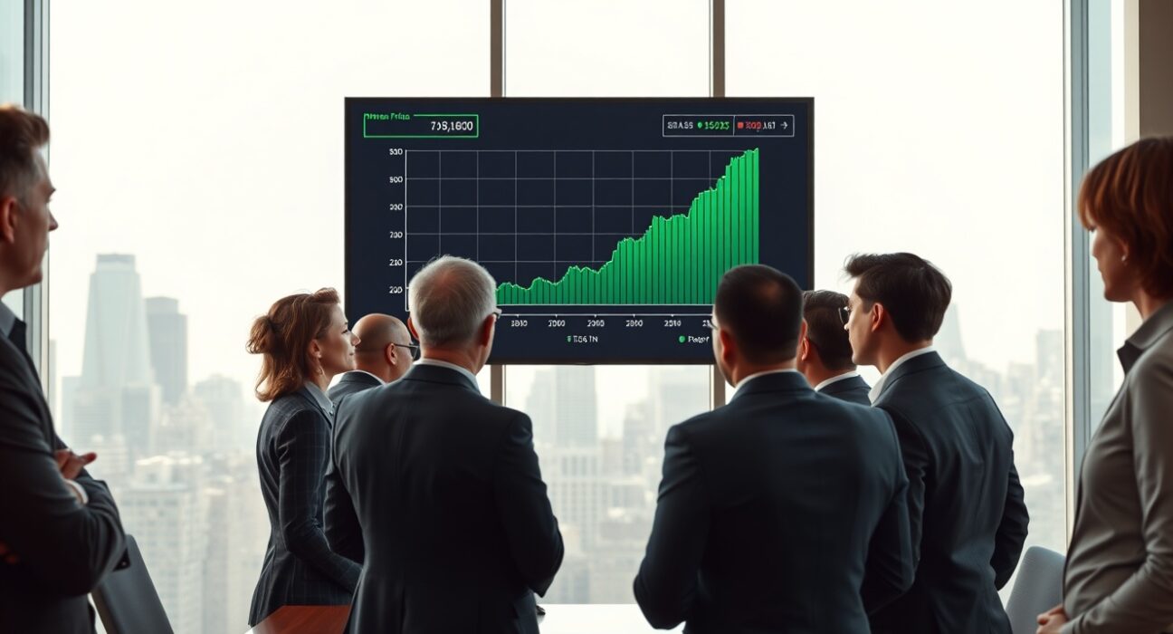 Financial analysts in a New York boardroom watching a Bitcoin price chart on a large screen