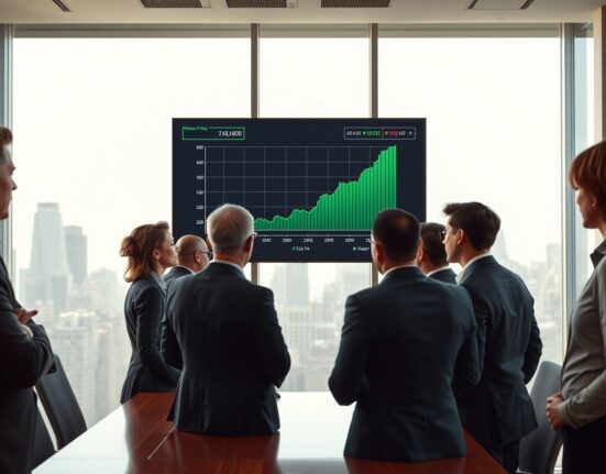 Financial analysts in a New York boardroom watching a Bitcoin price chart on a large screen