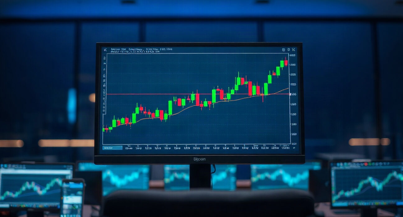 Bitcoin trading chart on a monitor in a dark trading room, showing rising price action