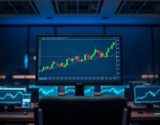 Bitcoin trading chart on a monitor in a dark trading room, showing rising price action