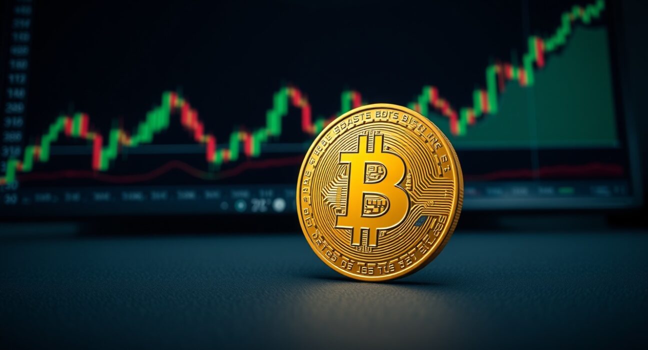 Bitcoin coin on trading desk with rising funding rate chart in background