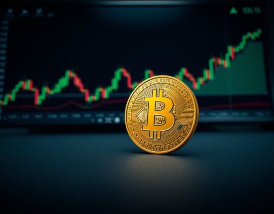 Bitcoin coin on trading desk with rising funding rate chart in background