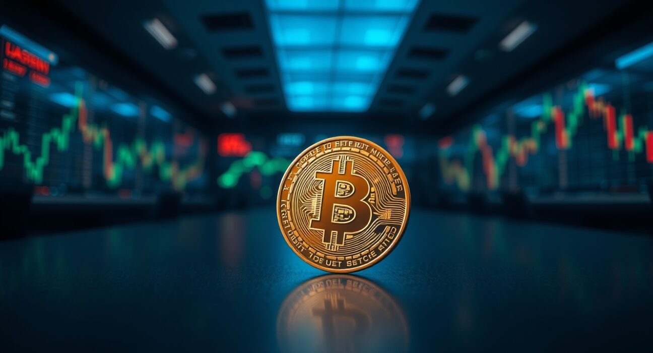 Bitcoin coin on dark surface with digital network lines and candlestick charts in background