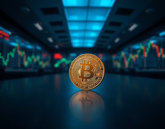 Bitcoin coin on dark surface with digital network lines and candlestick charts in background