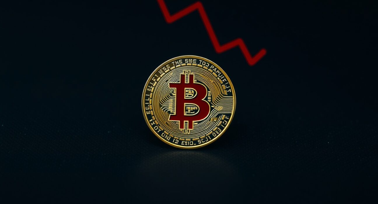 Bitcoin coin on dark surface with red declining graph background representing market risk
