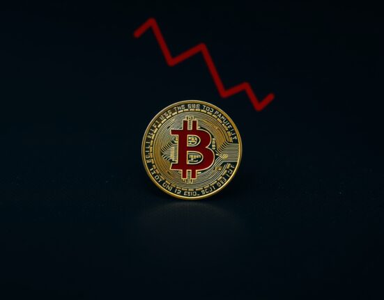 Bitcoin coin on dark surface with red declining graph background representing market risk