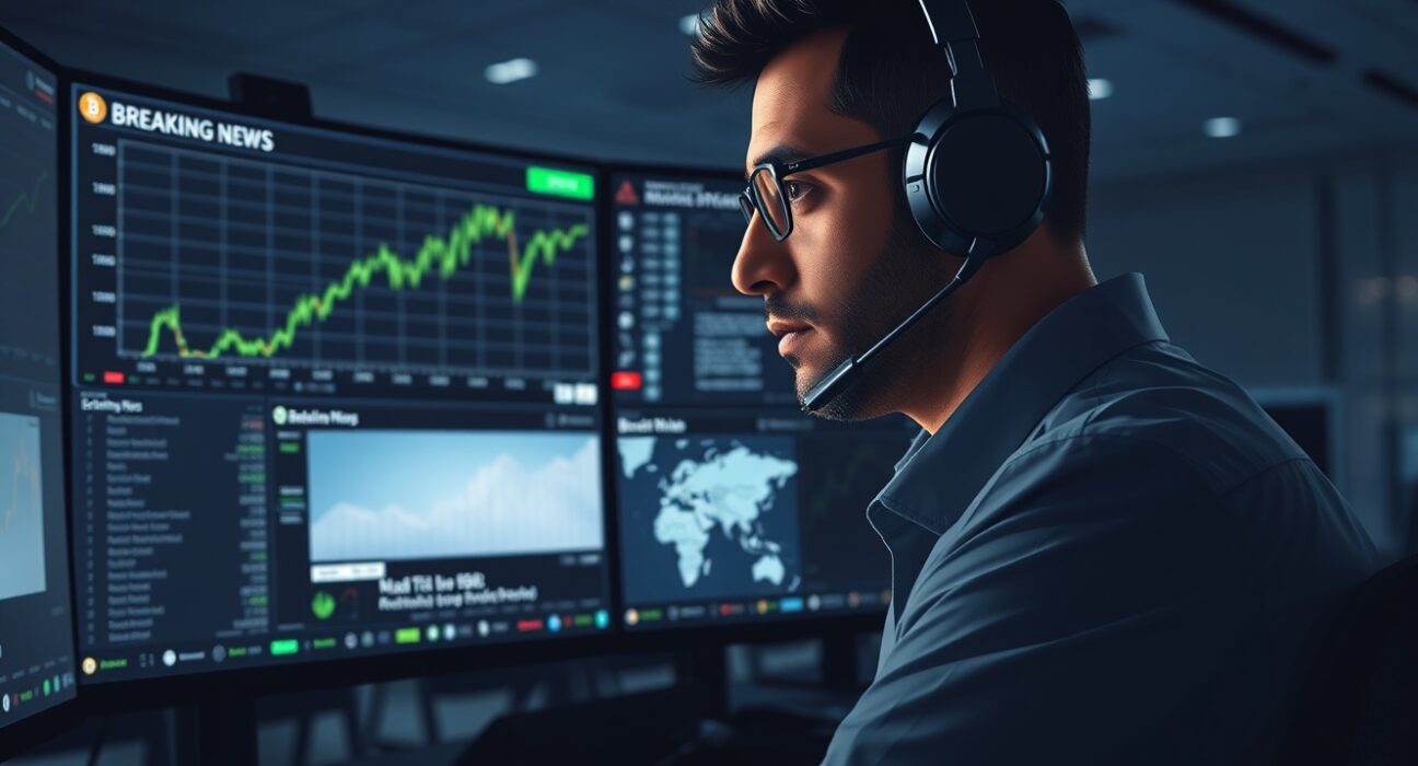 Analyst monitors Bitcoin futures surge following US-Iran ceasefire news on trading desk screens.