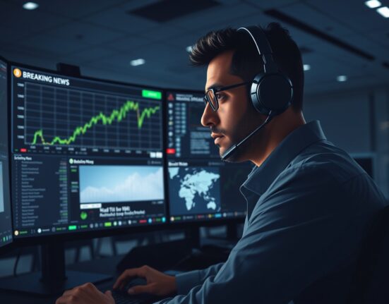 Analyst monitors Bitcoin futures surge following US-Iran ceasefire news on trading desk screens.