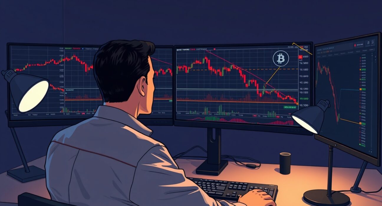 Bitcoin futures analysis showing red indicators on trading desk monitors