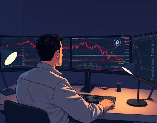 Bitcoin futures analysis showing red indicators on trading desk monitors