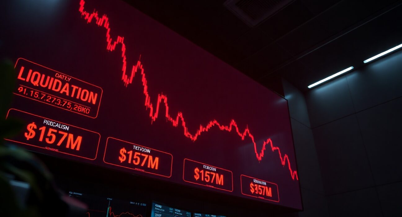 Digital trading screen showing Bitcoin liquidation data with $157M in losses