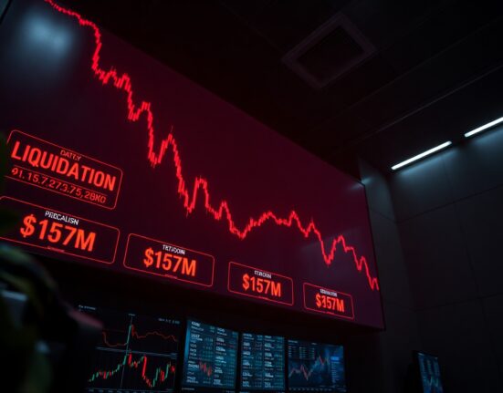 Digital trading screen showing Bitcoin liquidation data with $157M in losses
