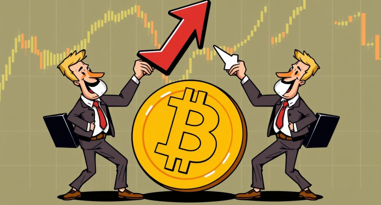 A cartoon illustration showing the balance of bullish and bearish sentiment, representing the Bitcoin futures long/short ratio and its market implications.