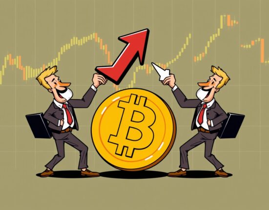 A cartoon illustration showing the balance of bullish and bearish sentiment, representing the Bitcoin futures long/short ratio and its market implications.
