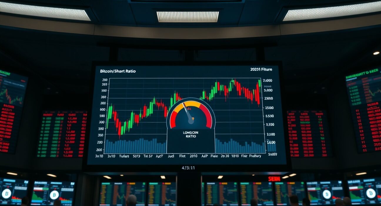 Bitcoin price charts and long/short ratio gauge on trading screens in a professional trading environment.