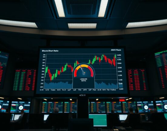 Bitcoin price charts and long/short ratio gauge on trading screens in a professional trading environment.