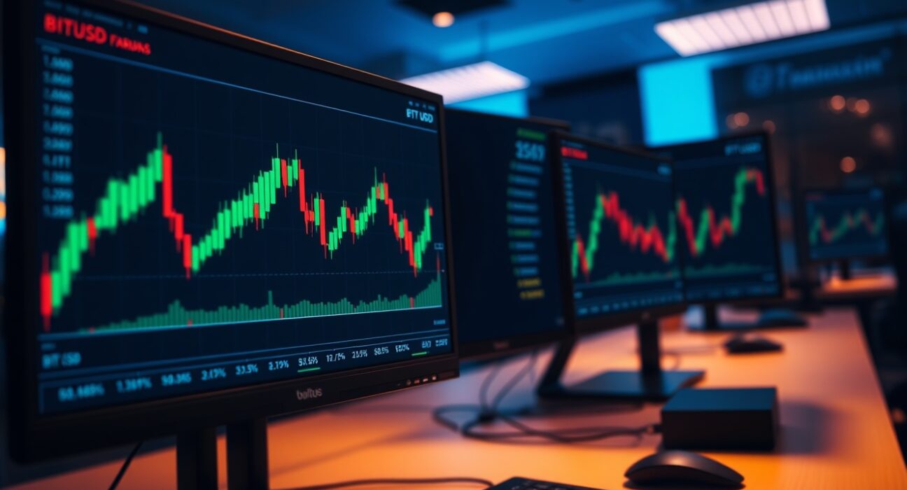 Bitcoin price chart on a trading monitor in a professional trading desk environment