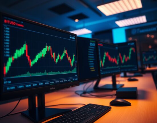 Bitcoin price chart on a trading monitor in a professional trading desk environment