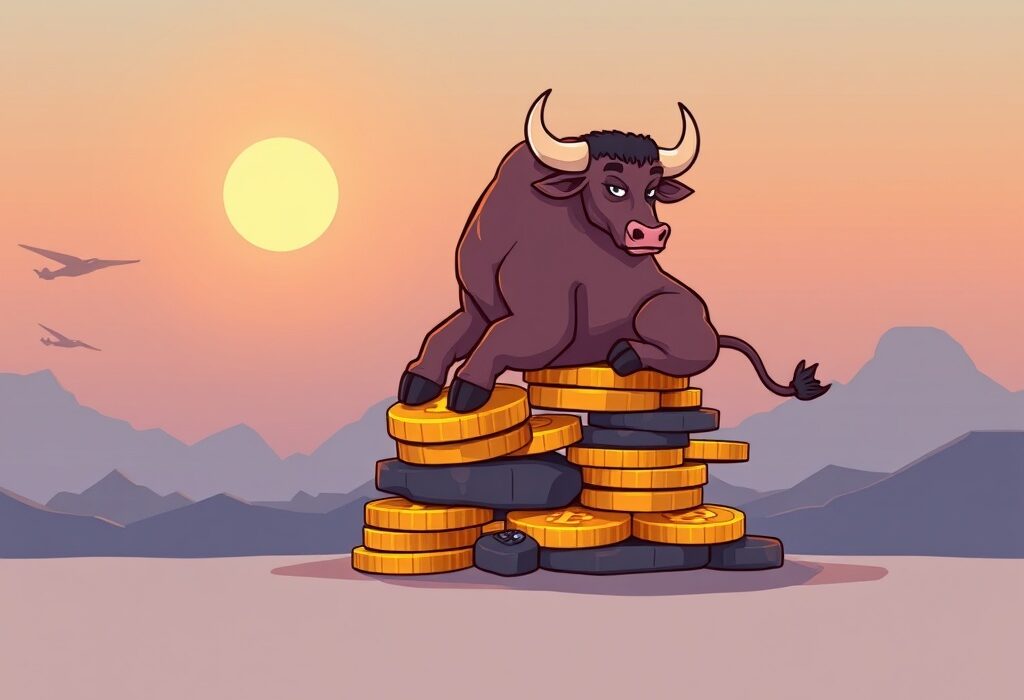 A cartoon bull rests on Bitcoin symbols, symbolizing the calm in Bitcoin futures before a potential market rally driven by organic demand.