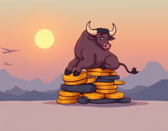 A cartoon bull rests on Bitcoin symbols, symbolizing the calm in Bitcoin futures before a potential market rally driven by organic demand.