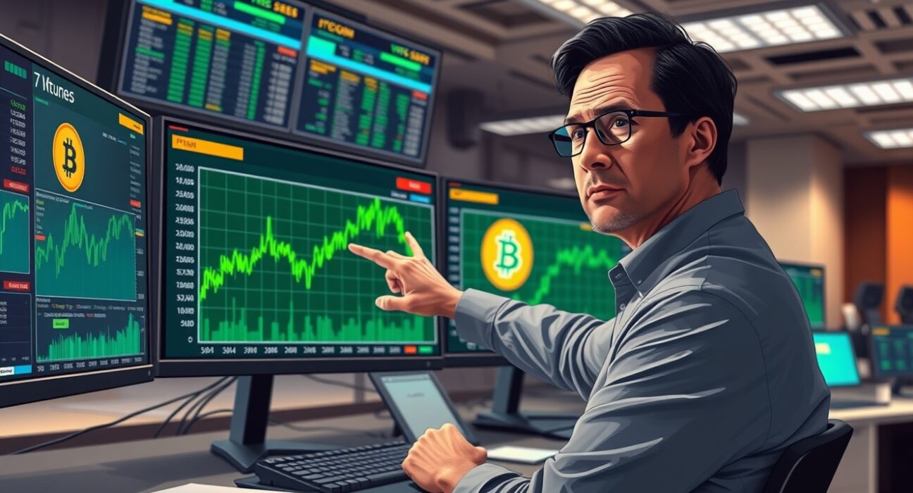 Financial analyst examines Bitcoin futures market data showing price rally divergence from spot demand.