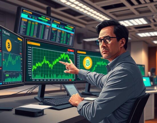 Financial analyst examines Bitcoin futures market data showing price rally divergence from spot demand.