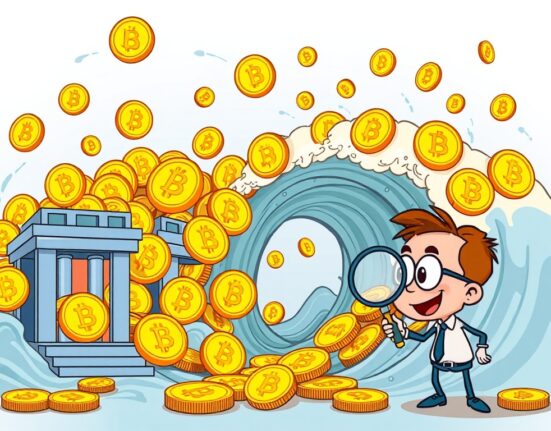 Cartoon illustrating a massive Bitcoin futures inflow, depicting over $1.85B BTC entering exchanges and its potential market impact.