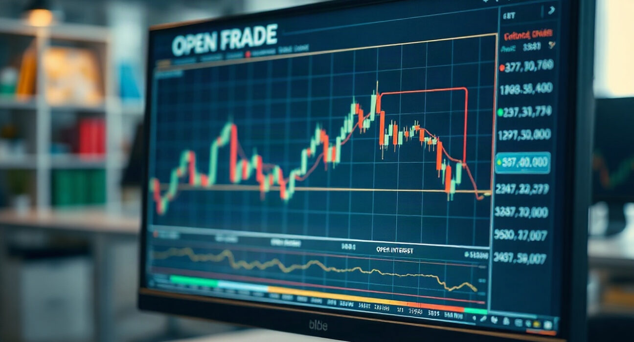 Bitcoin futures open interest chart on a trading monitor in a modern office