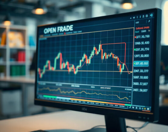 Bitcoin futures open interest chart on a trading monitor in a modern office
