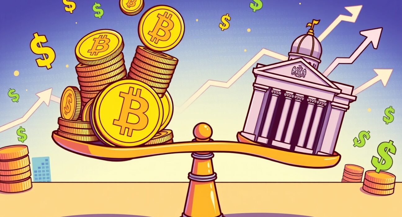 Cartoon illustration showing Bitcoin futures open interest rising as traders watch the Federal Reserve.