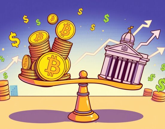 Cartoon illustration showing Bitcoin futures open interest rising as traders watch the Federal Reserve.