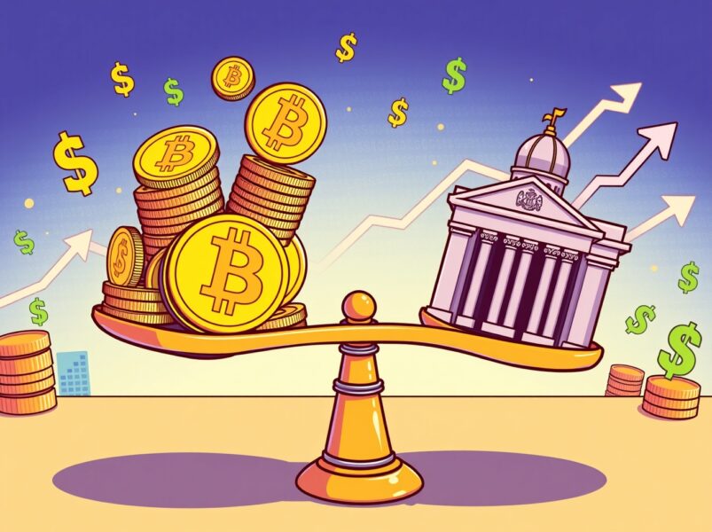 Cartoon illustration showing Bitcoin futures open interest rising as traders watch the Federal Reserve.