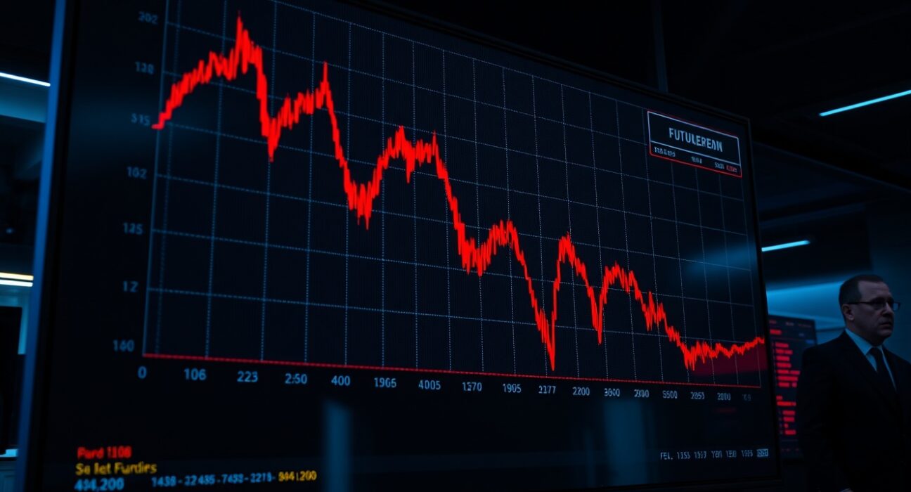 Bitcoin futures chart showing a major liquidation spike on a trading screen in a dimly lit trading floor.