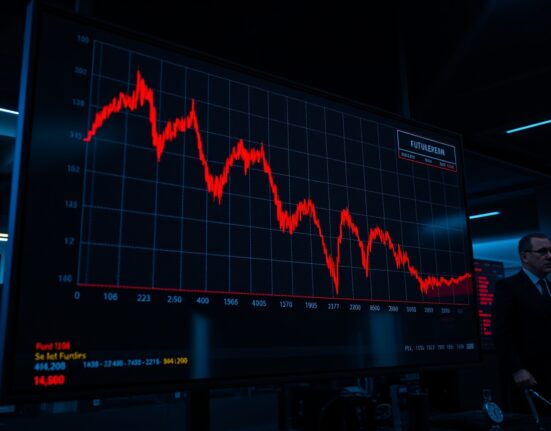 Bitcoin futures chart showing a major liquidation spike on a trading screen in a dimly lit trading floor.