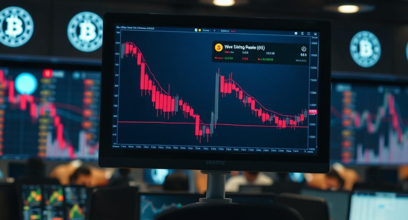 Bitcoin price chart showing red candlesticks and declining trend on a trading monitor.