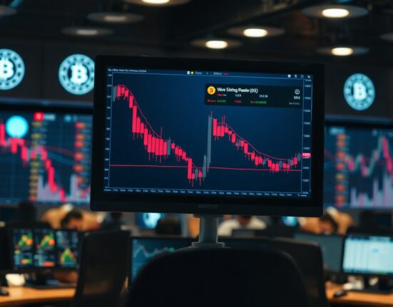 Bitcoin price chart showing red candlesticks and declining trend on a trading monitor.