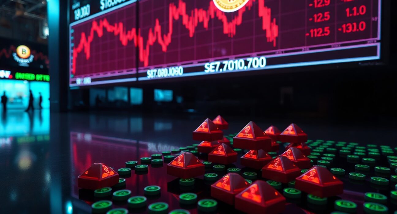 Bitcoin price chart showing decline below $70,000 with liquidation warning icons on a trading floor.