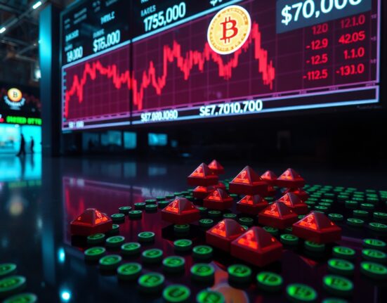 Bitcoin price chart showing decline below $70,000 with liquidation warning icons on a trading floor.