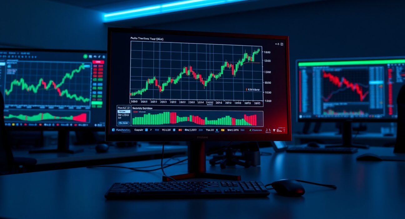 Bitcoin price chart on a monitor at a professional trading desk with green and red candlesticks showing futures market data.