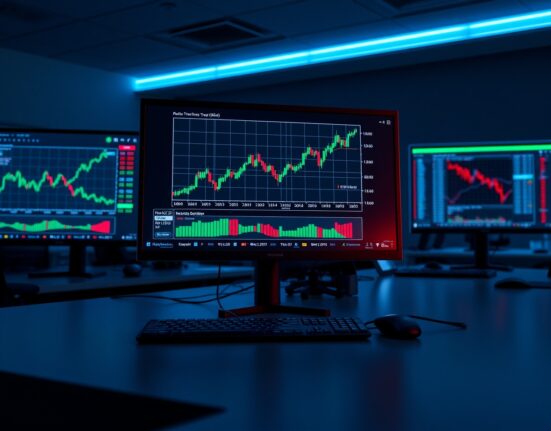 Bitcoin price chart on a monitor at a professional trading desk with green and red candlesticks showing futures market data.