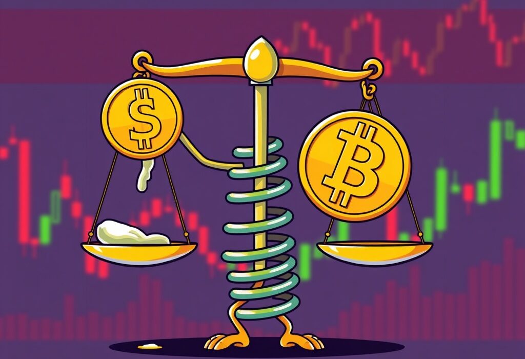 A cartoon illustration showing Bitcoin futures market dynamics with downward pressure and potential for a short squeeze, representing the volatile nature of Bitcoin futures.