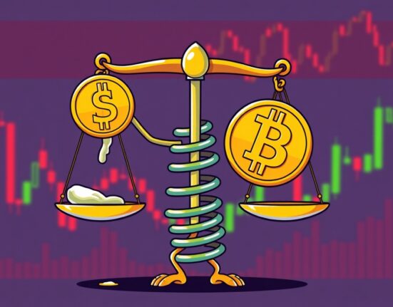 A cartoon illustration showing Bitcoin futures market dynamics with downward pressure and potential for a short squeeze, representing the volatile nature of Bitcoin futures.