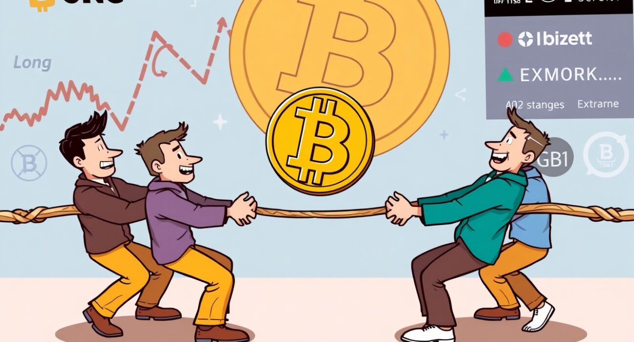 A cartoon illustrating the tug-of-war between long and short positions in the Bitcoin futures market, symbolizing trader sentiment.