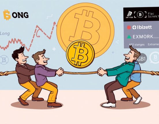 A cartoon illustrating the tug-of-war between long and short positions in the Bitcoin futures market, symbolizing trader sentiment.