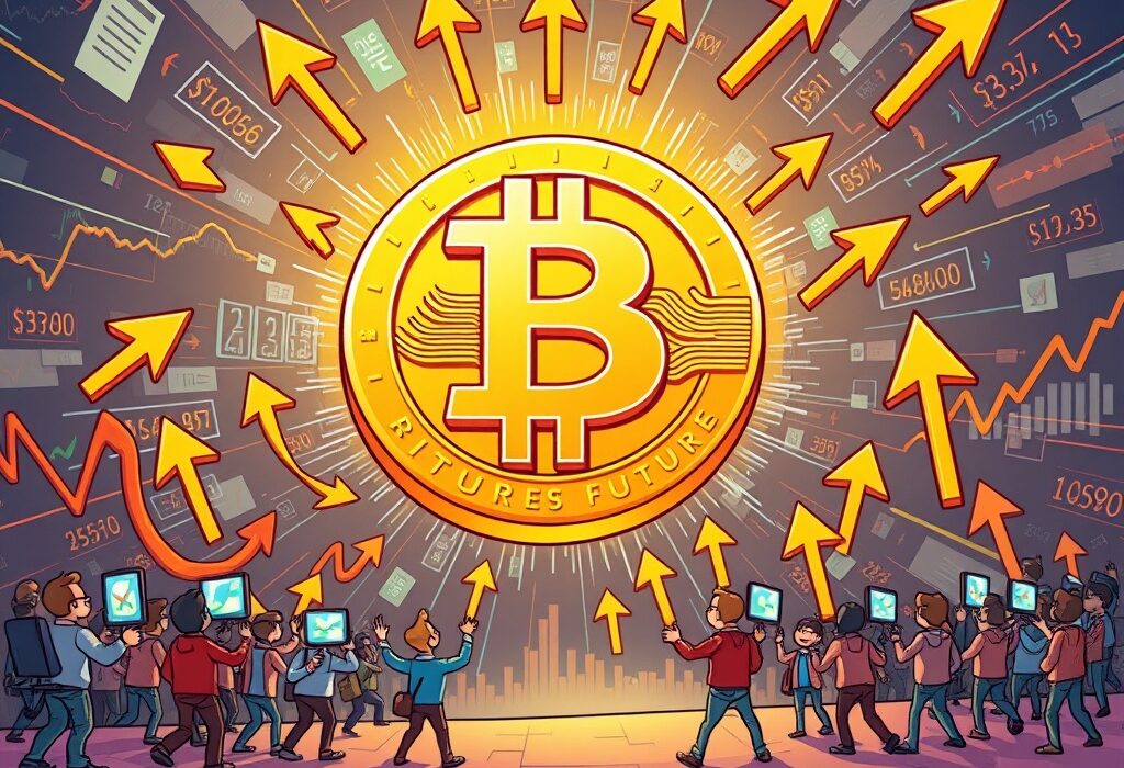 A vibrant cartoon illustration showing a massive Bitcoin symbol at the center of a financial vortex, representing the record-high Bitcoin futures open interest and bullish market sentiment.